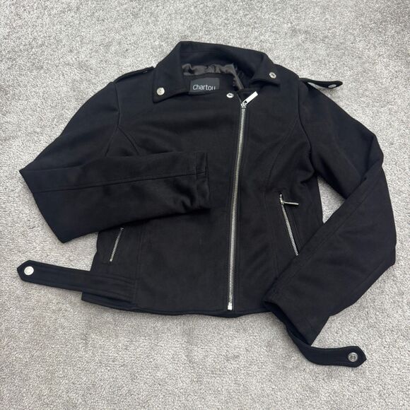 Chartou Faux Suede Motorcycle Jacket womens XS Black Asymmetrical Zip Biker Moto - Picture 1 of 12
